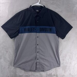 Harley Davidson Button Down‎ Shirt Mens XL Black Gray Logo Short Sleeve